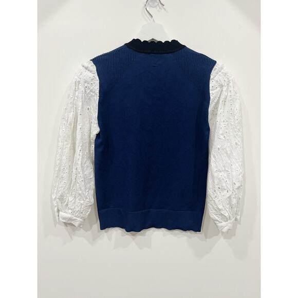 Veronica Beard Roy Navy Mixed Media Pullover with Eyelet Sleeves - Picture 4 of 10